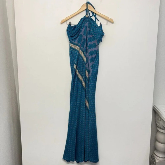 Aller Simplement Halter Smocked Flowy Satin Silky Maxi Dress Tropical S/M Boho - Picture 1 of 9